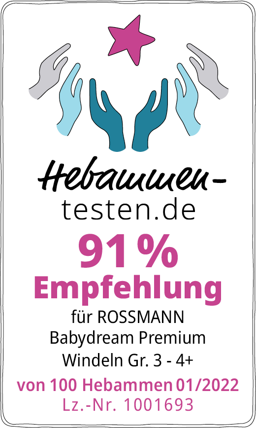 Hebammen-testen.de für Rossmann Babydream Premium Windeln Gr. 3-4+ 91 % Empfehlung von 100 Hebammen im Januar 2022 getestet.