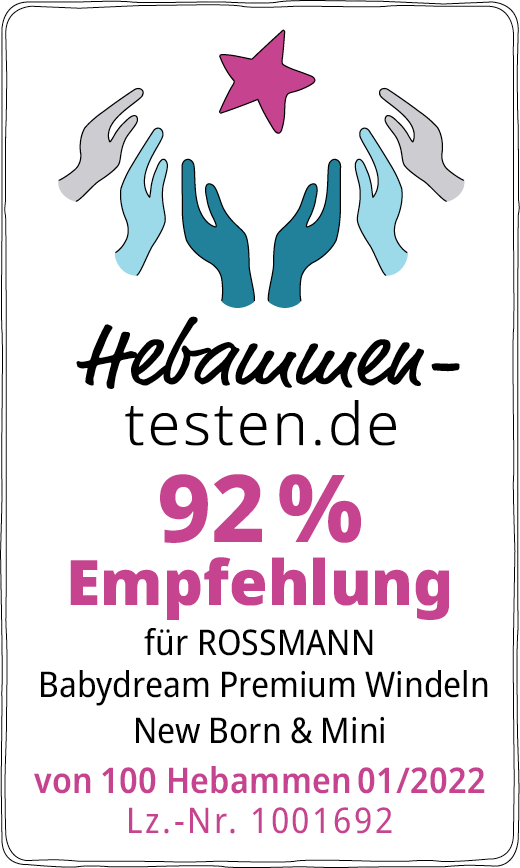Hebammen-testen.de für Rossmann Babydream Premium Windeln New Born & Mini 92 % Empfehlung von 100 Hebammen im Januar 2022 getestet.