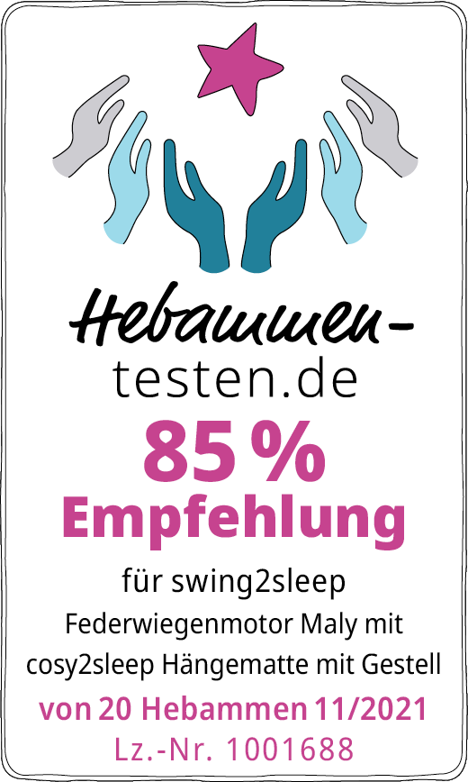 Hebammen-testen.de Siegel für swing2sleep Federwiegenmotor Maly mit cosy2sleep Hängematte mit Gestell 85 % Empfehlung von 20 Hebammen im November 2021 getestet.