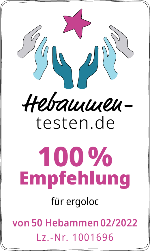 Hebammen-testen.de Siegel für ergoloc 100 % Empfehlung von 50 Hebammen im Februar 2022 getestet.