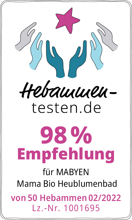 Hebammen-testen.de Siegel für Mabyen Mama Bio Heublumenbad 98 % Empfehlung von 50 Hebammen im Februar 2022 getestet.