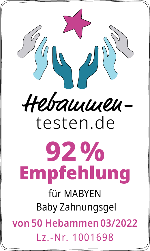 Hebammen-testen.de Siegel für Mabyen Baby Zahnungsgel 92 % Empfehlung von 50 Hebammen im März 2022 getestet.