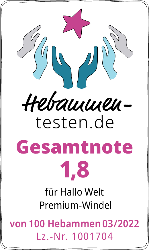 Hebammen-testen.de Siegel für Hallo Welt Premium-Windel Gesamtnote 1,8 von 100 Hebammen im März 2022 getestet.