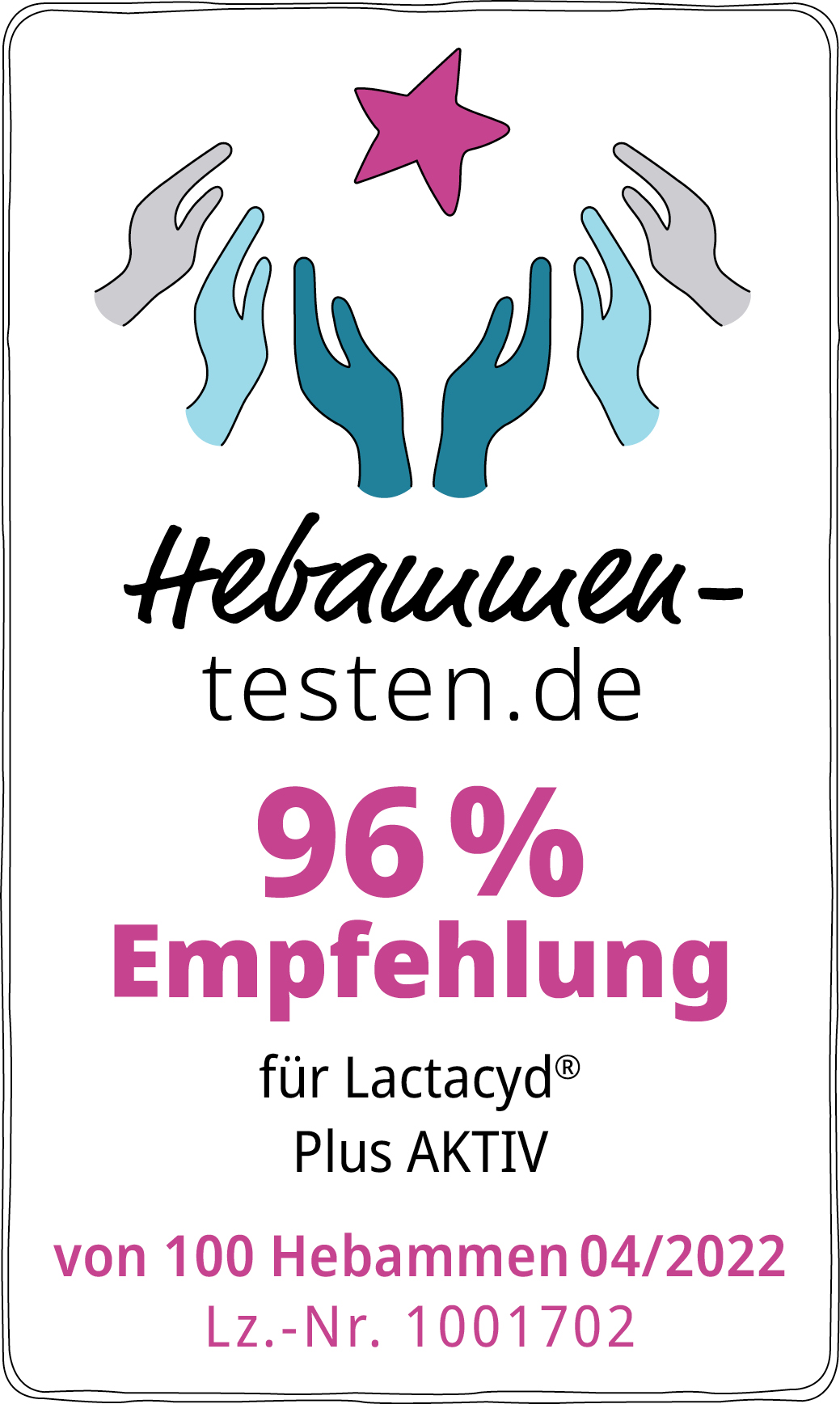 Hebammen-testen.de Siegel für Lactacyd Plus AKTIV 96 % Empfehlung von 100 Hebammen im April 2022 getestet.