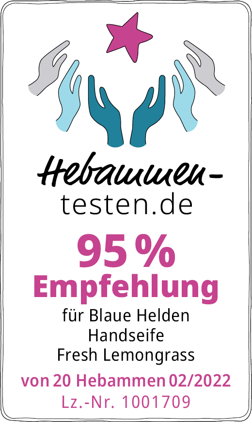 Hebammen-testen.de Siegel für Blaue Helden Handseife Fresh Lemongrass 95 % Empfehlung von 20 Hebammen im Februar 2022 getestet.