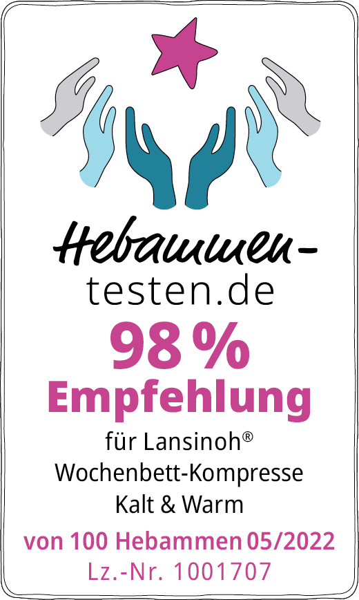 Hebammen-testen.de Siegel für Lansinoh Wochenbett-Kompresse Kalt & Warm 98 % Empfehlung mit 100 Hebammen im Mai 2022 getestet.