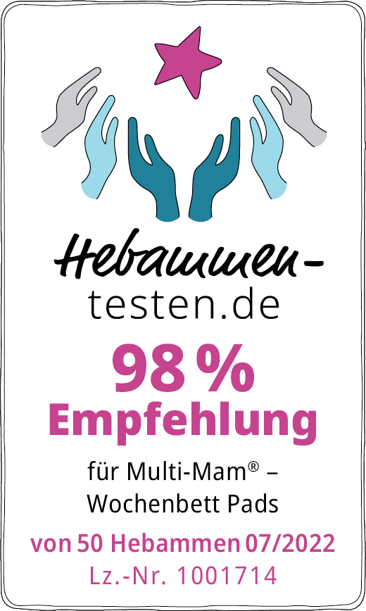 Hebammen-testen.de Siegel für Multi-Mam Wochenbett Pads 98 % Empfehlung von 50 Hebammen getestet im Juli 2022
