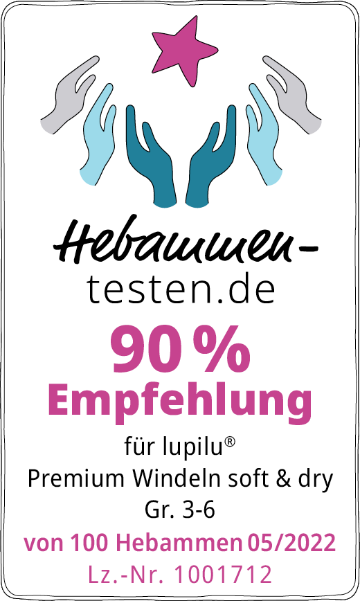 Hebammen-testen.de Siegel für lupilu Premium Windeln soft & dry Gr. 3-6 90 % Empfehlung von 100 Hebammen im Mai 2022 getestet