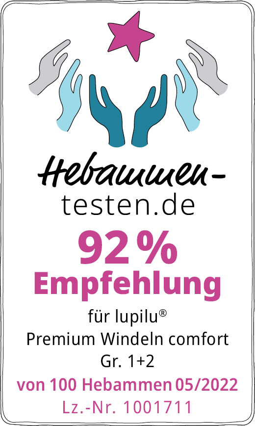 Hebammen-testen.de Siegel für lupilu Premium Windeln comfort Gr. 1+2 92 % Empfehlung von 100 Hebammen getestet im Mai 2022