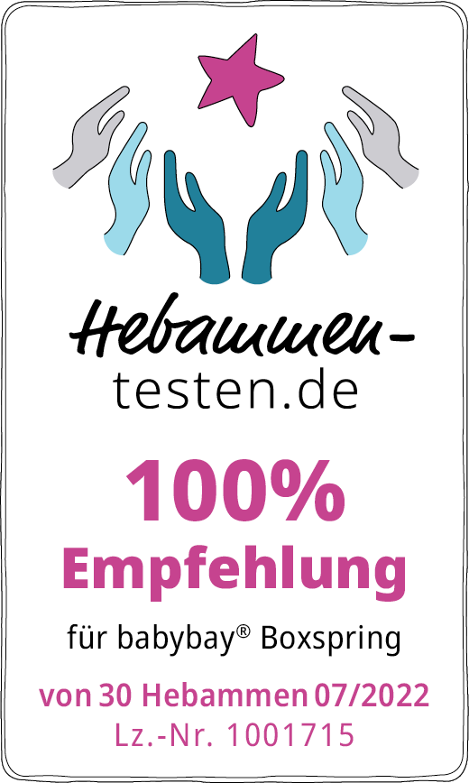 Hebammen-testen.de Siegel für babybay Boxspring getestet von 30 Hebammen 07/2022 100 % Empfehlung