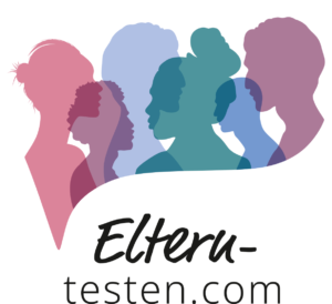 Logo Eltern-testen.com, Sprechblase mit Silhouetten in gedeckten Farben und Schriftzug Elter-testen.com