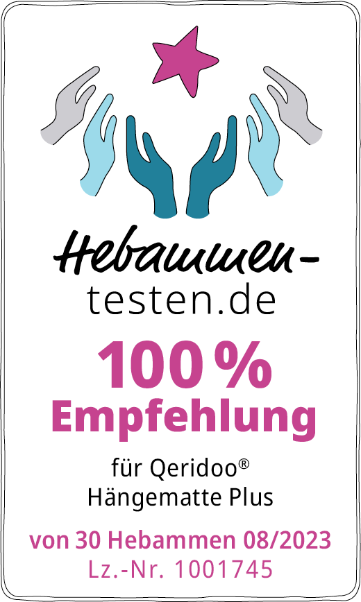Hebammen-testen.de Empfehlungssiegel für Qeridoo Hängematte Plus 100 % Empfehlung von 30 Hebammen im August 2023