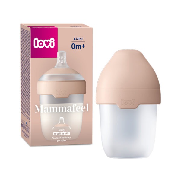 Abbildung Verpackung mit außenstehender Flache der Mammafeel Flasche von lovi 0m+