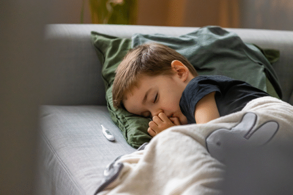 Mutter misst die Temperatur ihres Kindes mit einem Infrarot-Thermometer – Fieber bei Kindern schnell und einfach erkennen. Ein fieberndes Kind, das liebevoll von seiner Mutter umsorgt wird, mit einem Glas Wasser in der Hand – Zuwendung und Flüssigkeitszufuhr bei Fieber.