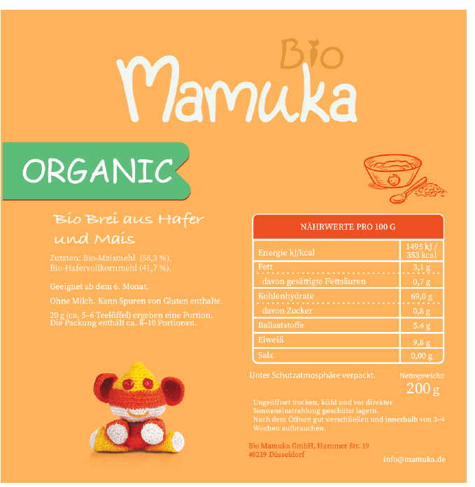 Neue Verpackung von hinten von Bio Mamuka Hafer Mais Brei